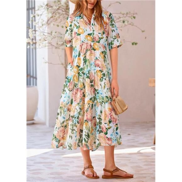 PRETTYGARDEN Women's Summer Beach Maxi Dress Short Sleeve Buttons Tiered Ruffle - Picture 5 of 16